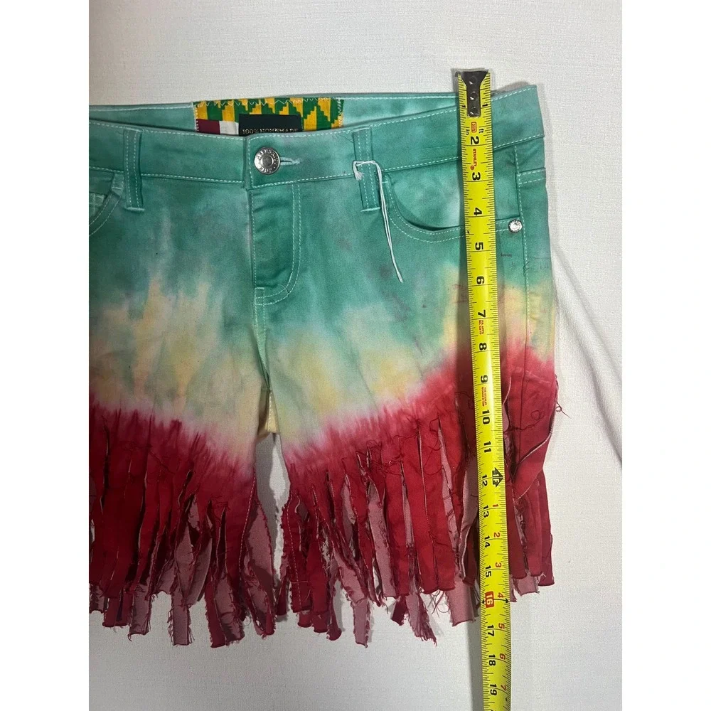 100% Homemade Tie Dye Fringe Denim Shorts Rasta Green Yellow Red Womens 32